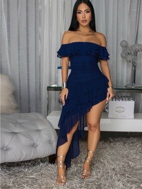 Off-Shoulder Navy Ruffle Asymmetrical Dress